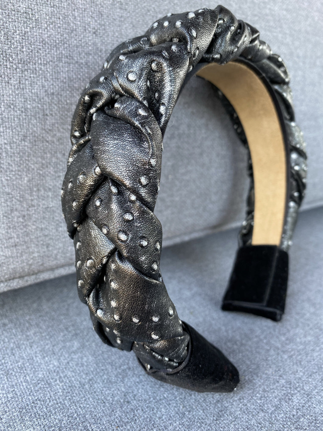 Grey Dotted Leather Braided Headband